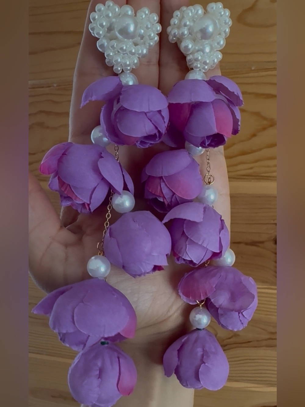 Lavender Floral Drop Earrings with Pearl Cluster - Picture 3 of 4